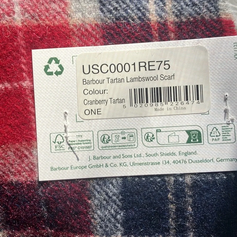 Barbour Red and Navy Plaid Tartan lambswool Fringe Scarf